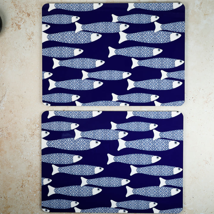 SALE SECONDS - 2x Cork Placemats - Navy Blue Ocean Shoal design