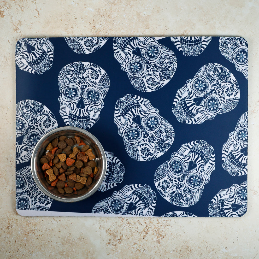 SALE SECOND  - Illustrated Skulls Pet Mat / Mouse mat - blue and white