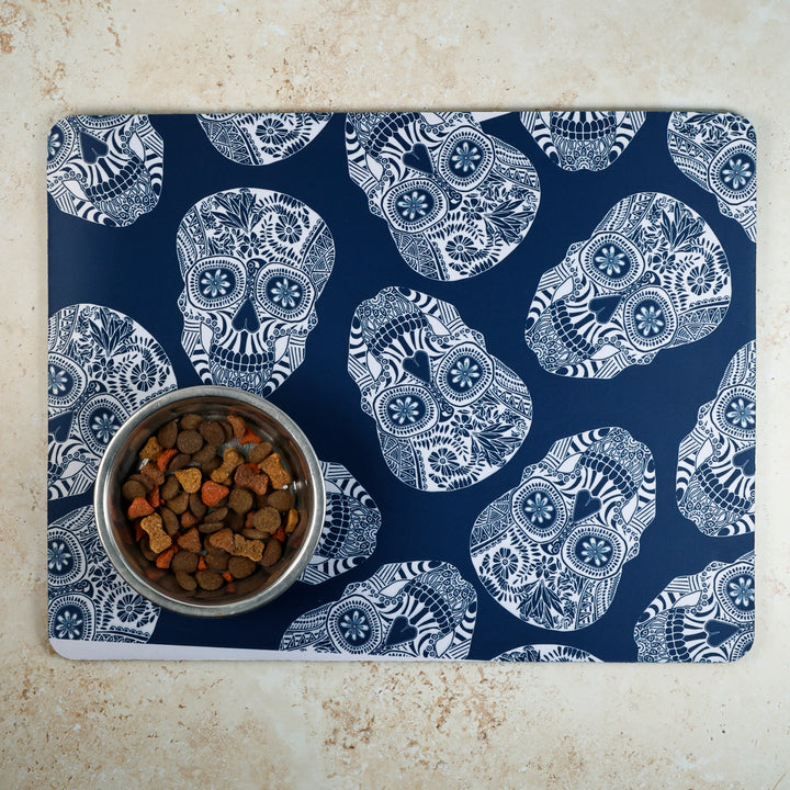 SALE SECOND  - Illustrated Skulls Pet Mat / Mouse mat - blue and white