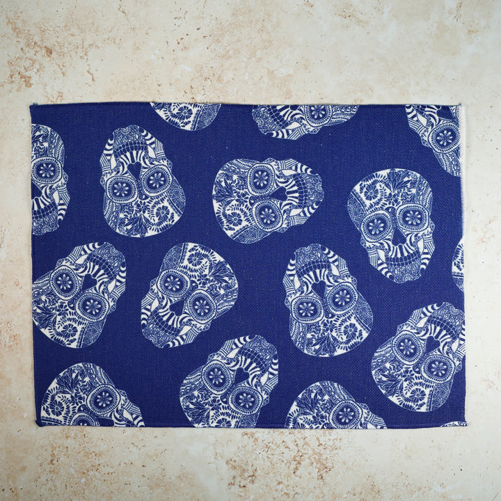 SALE SECOND - Tumbling Skulls / Day of the Dead Navy Fabric Placemat