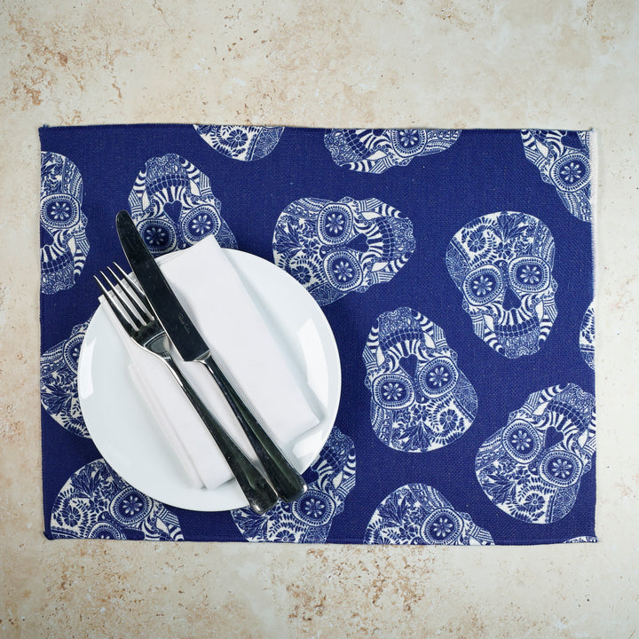 SALE SECOND - Tumbling Skulls / Day of the Dead Navy Fabric Placemat