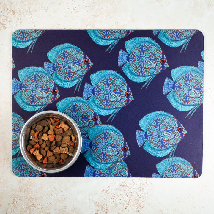 Discus Fish Navy/Turquoise Large Pet Food Mat