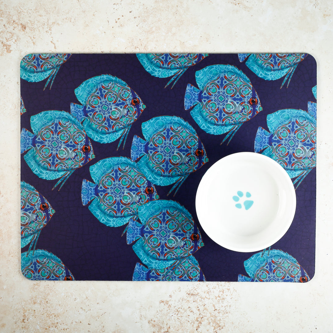Discus Fish Navy/Turquoise Large Pet Food Mat