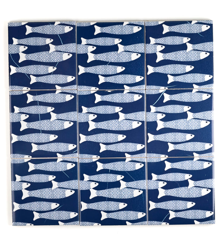 SALE SECONDS SET of 9x 10cm FIRED INK Tiles - Navy Blue Ocean Shoal