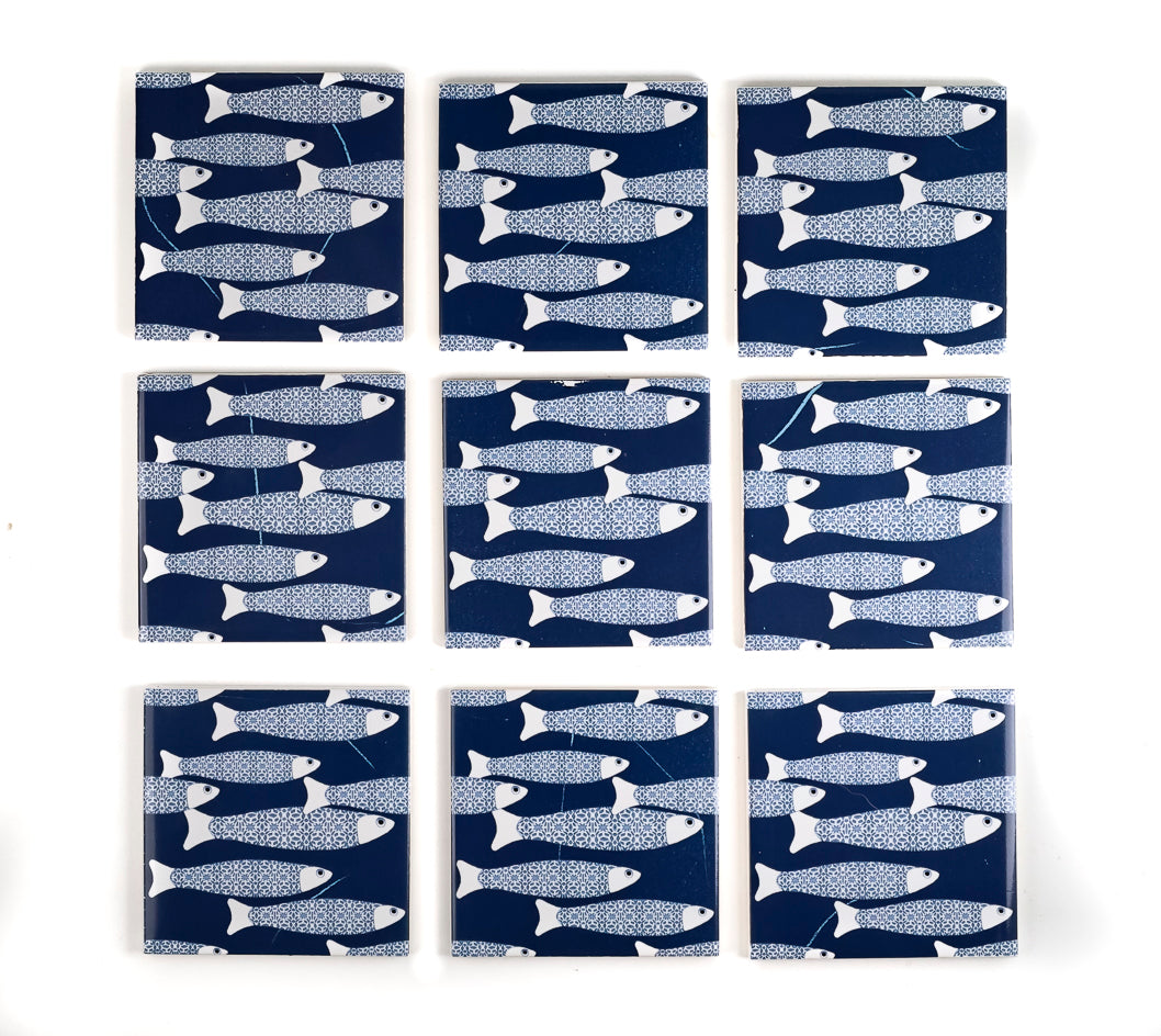 SALE SECONDS SET of 9x 10cm FIRED INK Tiles - Navy Blue Ocean Shoal
