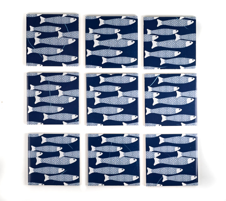 SALE SECONDS SET of 9x 10cm FIRED INK Tiles - Navy Blue Ocean Shoal