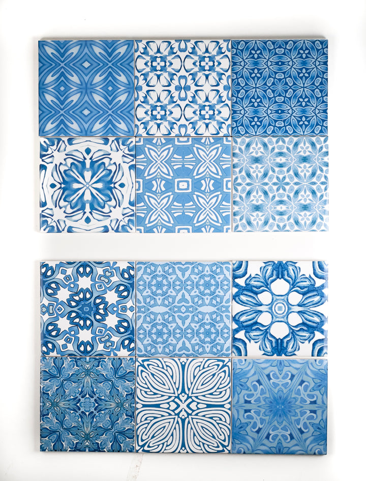 SALE SET of 12x 10cm FIRED INK Tiles - Mixed Blue Designs (as shown)