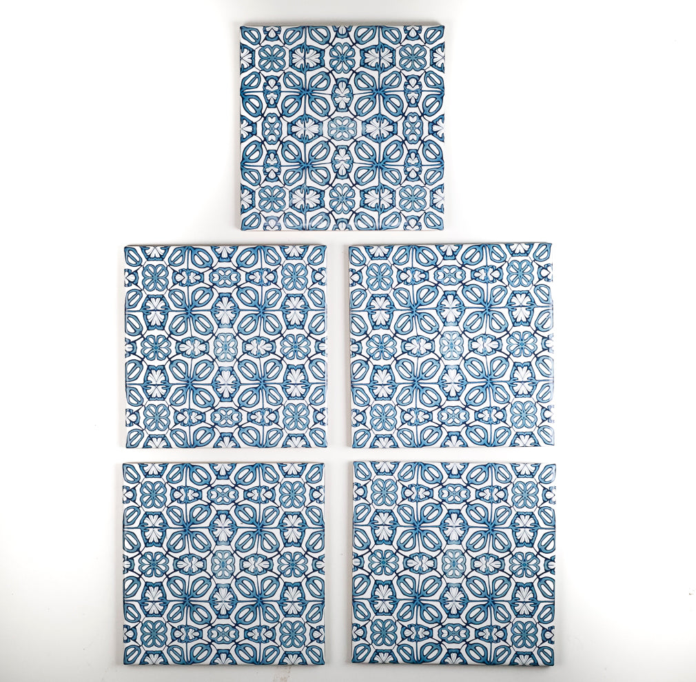 SALE SET - 5x 15cm Blue Turkish Flower tiles - mid blue and white -  FIRED INK Version