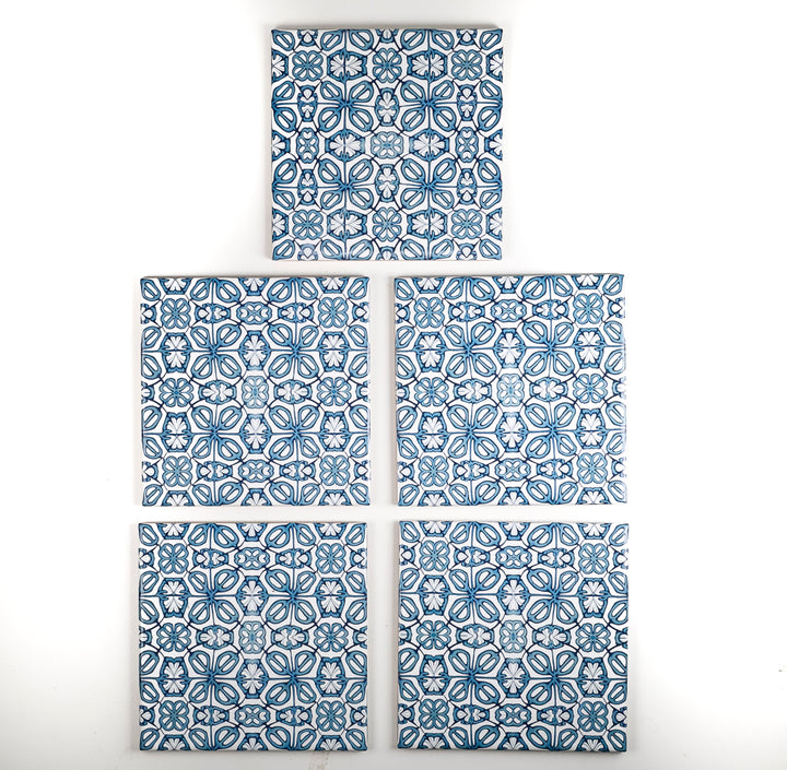 SALE SET - 5x 15cm Blue Turkish Flower tiles - mid blue and white -  FIRED INK Version