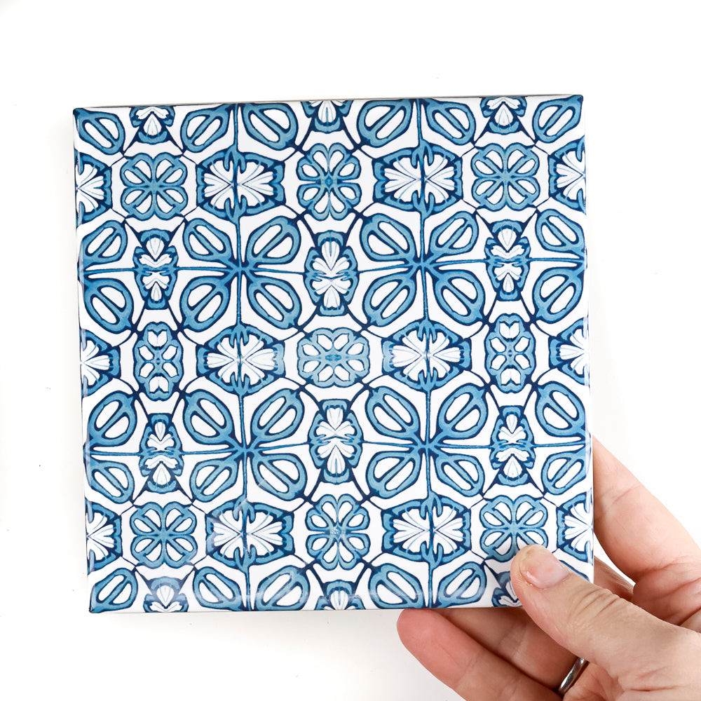 SALE SET - 5x 15cm Blue Turkish Flower tiles - mid blue and white -  FIRED INK Version