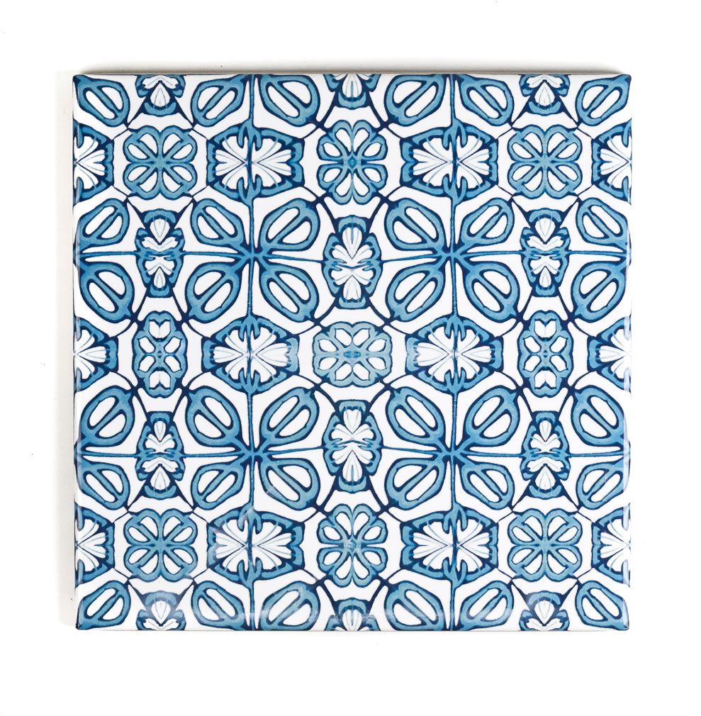 SALE SET - 5x 15cm Blue Turkish Flower tiles - mid blue and white -  FIRED INK Version