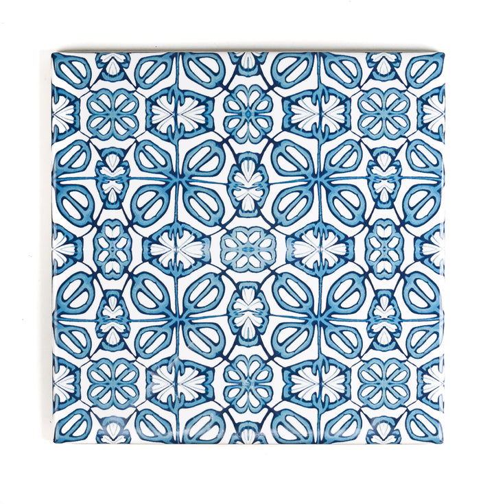 SALE SET - 5x 15cm Blue Turkish Flower tiles - mid blue and white -  FIRED INK Version
