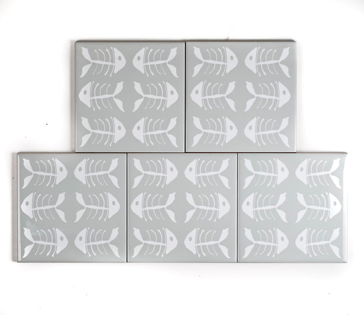 SALE SET - 5x White Bonefish on Grey - Decorative Ceramic Tiles (10.8cm)