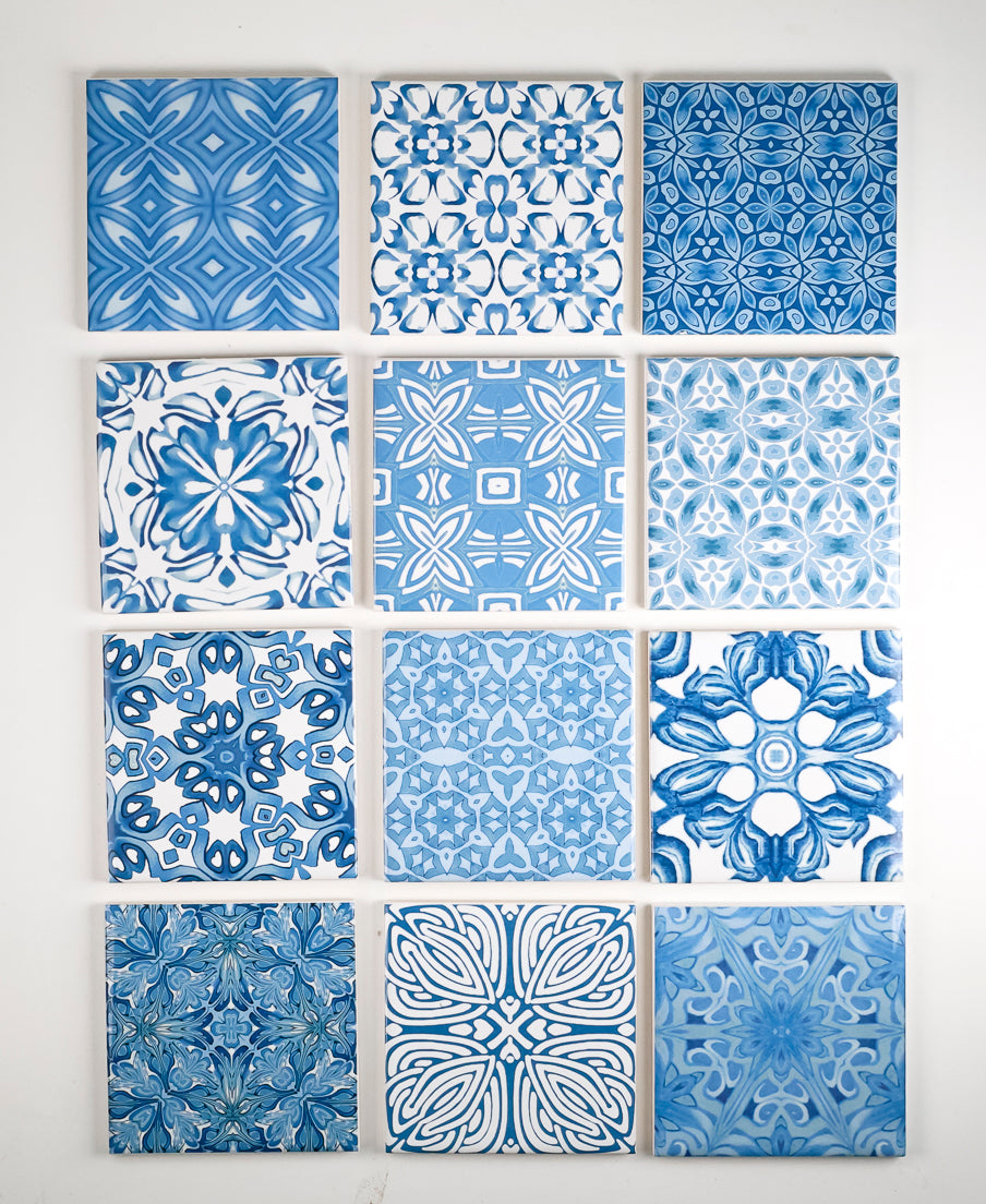 SALE SET of 12x 10cm FIRED INK Tiles - Mixed Blue Designs (as shown)