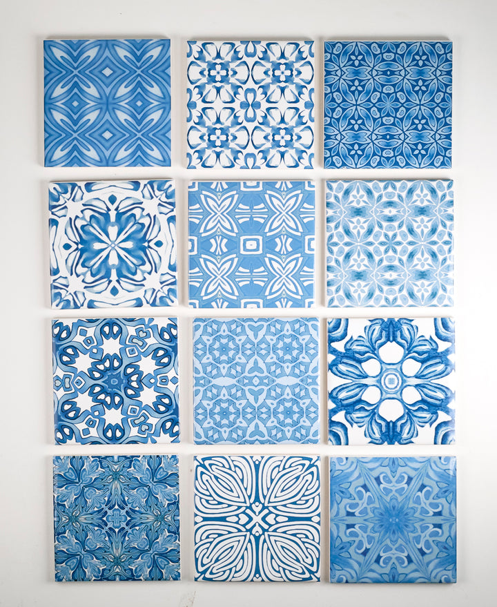 SALE SET of 12x 10cm FIRED INK Tiles - Mixed Blue Designs (as shown)