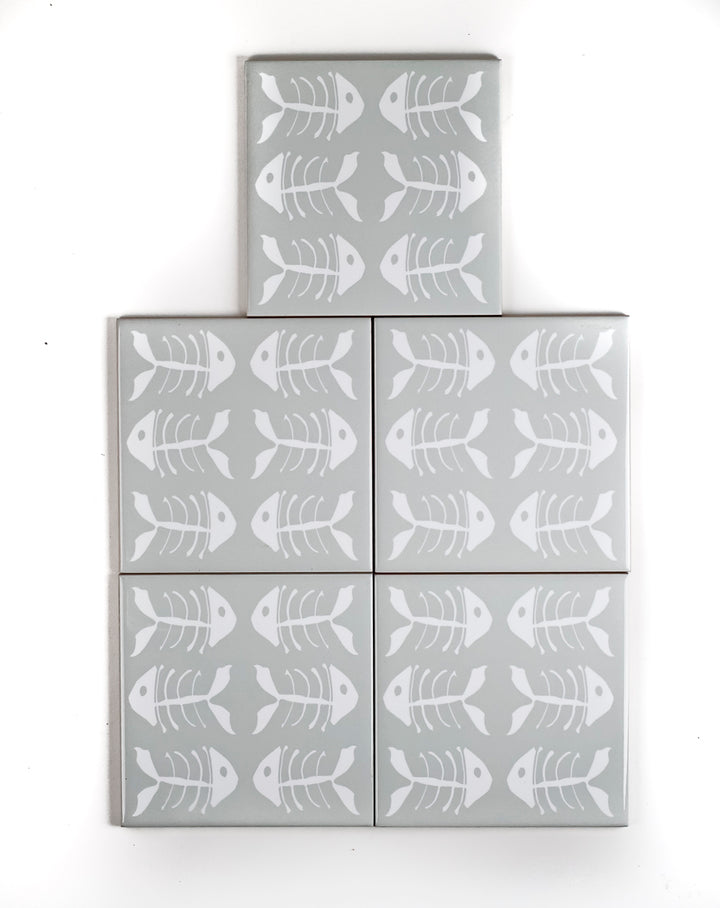 SALE SET - 5x White Bonefish on Grey - Decorative Ceramic Tiles (10.8cm)