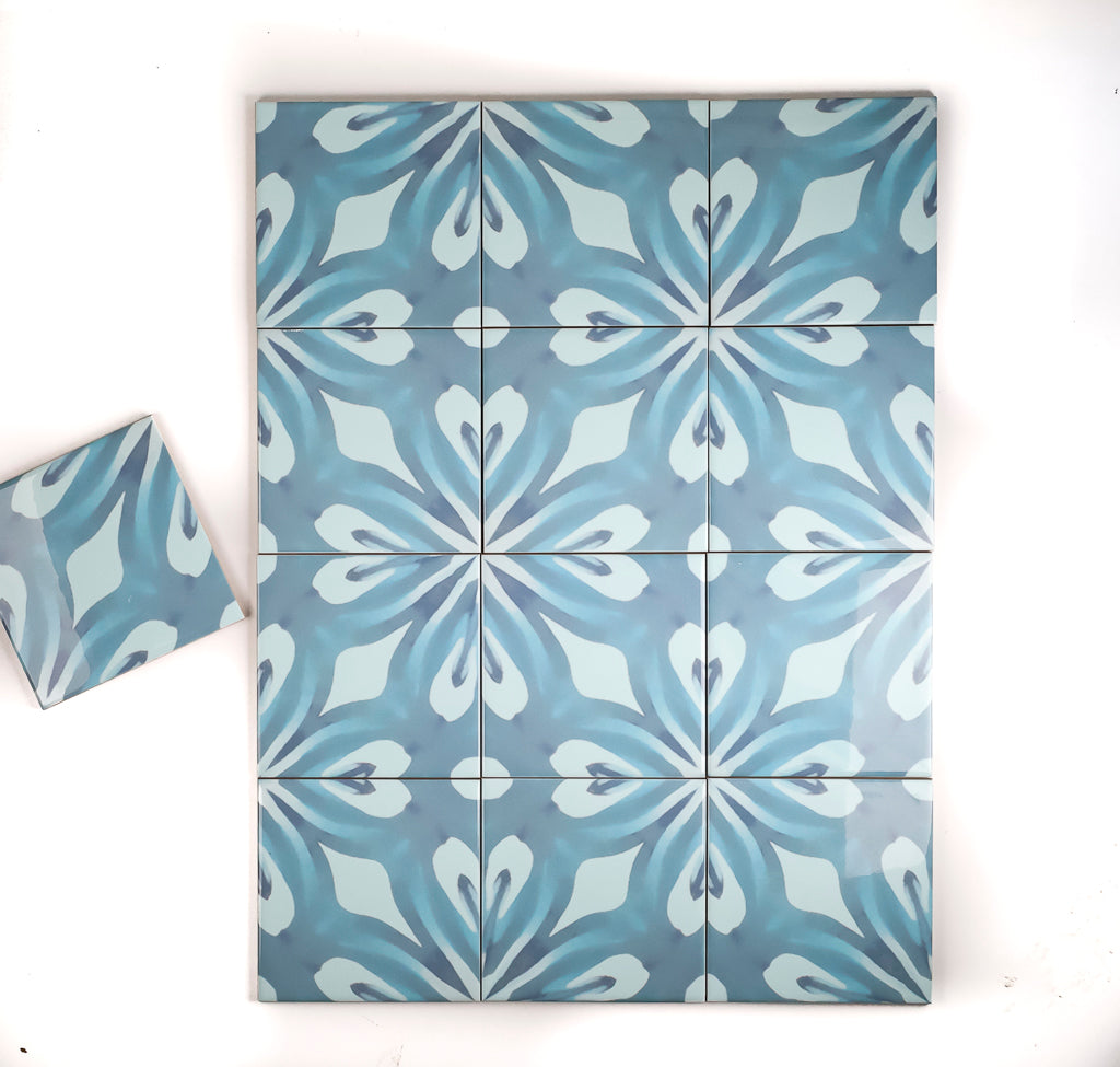 SALE SET OF 13 x 10.8cm Aqua "Watercolour" blue green large pattern tiles