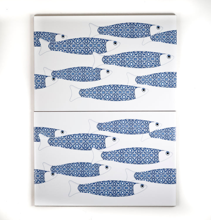 SALE SECONDS - 2x Blue &amp; White Ocean Shoal - Border version - Large Rectangular Tiles - 30x20cm