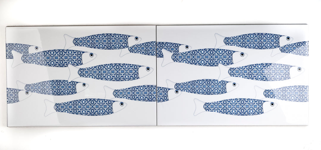 SALE SECONDS - 2x Blue &amp; White Ocean Shoal - Border version - Large Rectangular Tiles - 30x20cm