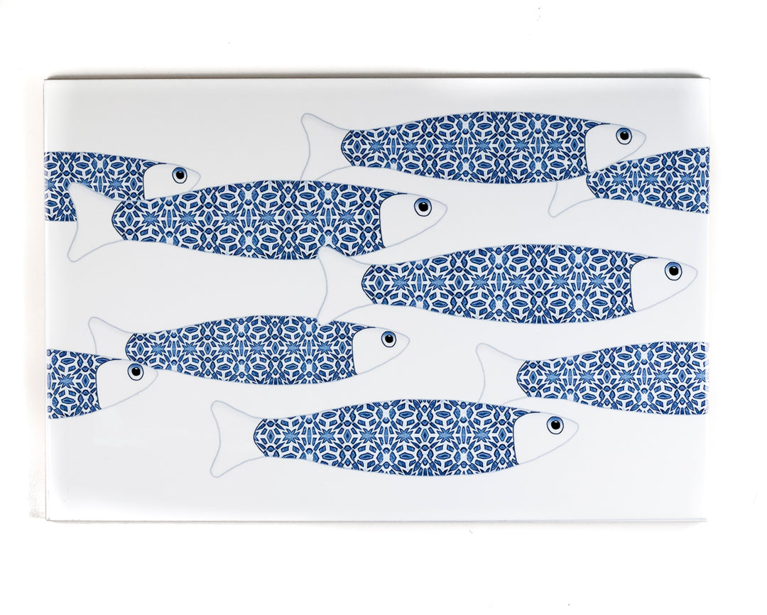 SALE SECONDS - 2x Blue &amp; White Ocean Shoal - Border version - Large Rectangular Tiles - 30x20cm