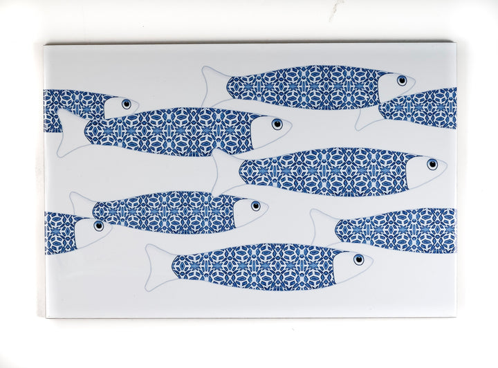 SALE SECONDS - 2x Blue &amp; White Ocean Shoal - Border version - Large Rectangular Tiles - 30x20cm