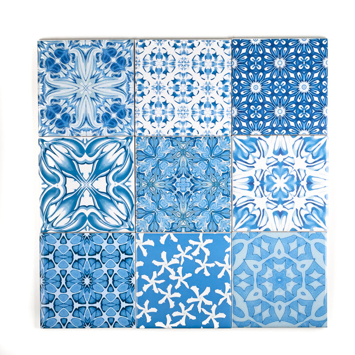 SALE SET of 9x 10cm FIRED INK Tiles - Mixed Blue Designs (as shown)