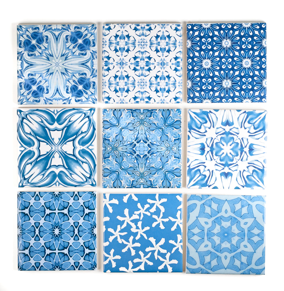 SALE SET of 9x 10cm FIRED INK Tiles - Mixed Blue Designs (as shown)