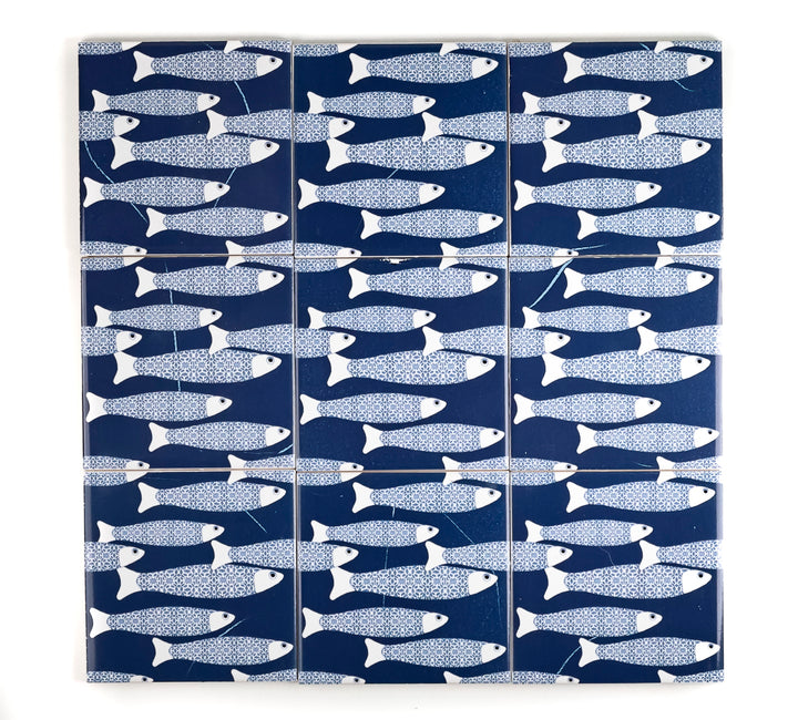 SALE SECONDS SET of 9x 10cm FIRED INK Tiles - Navy Blue Ocean Shoal