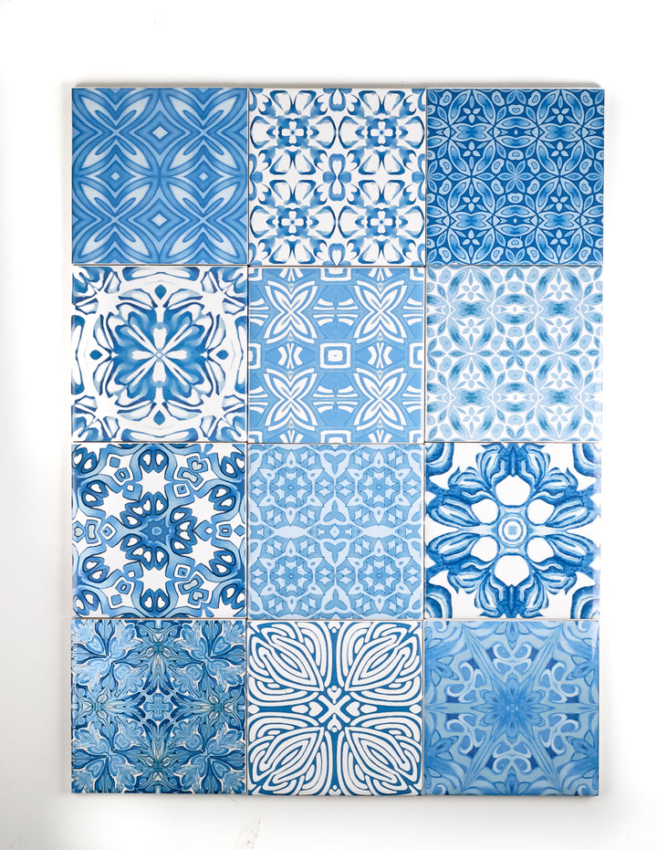 SALE SET of 12x 10cm FIRED INK Tiles - Mixed Blue Designs (as shown)