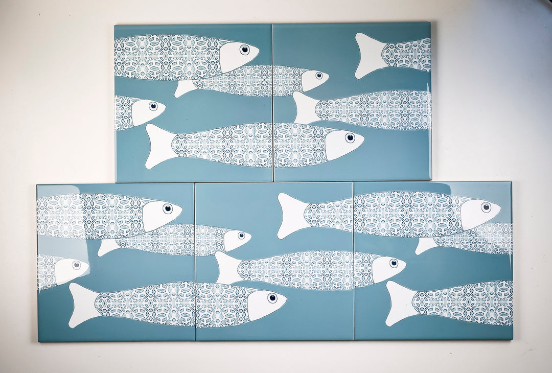 SALE SECONDS SET of 5 x 20cm Grey Ocean Shoal border tiles