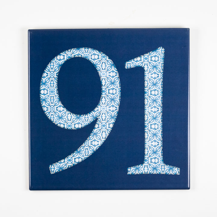 SALE SECOND - 1 x 20cm House Number "91" - white on blue, Fired Ink tile