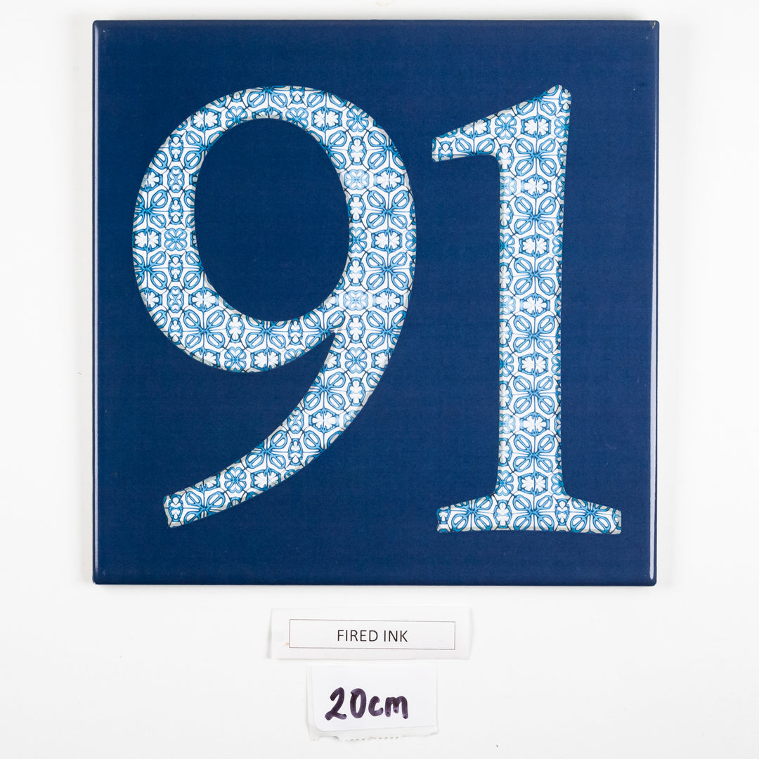 SALE SECOND - 1 x 20cm House Number "91" - white on blue, Fired Ink tile