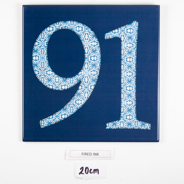 SALE SECOND - 1 x 20cm House Number "91" - white on blue, Fired Ink tile