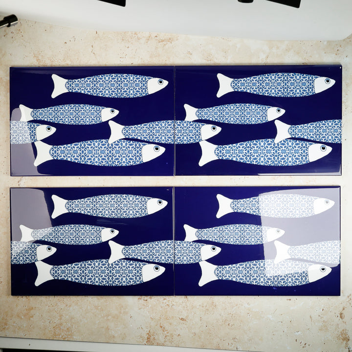 SALE SECONDS SET of 4x Navy Blue Ocean Shoal - Large Rectangular Tile - 30x20cm