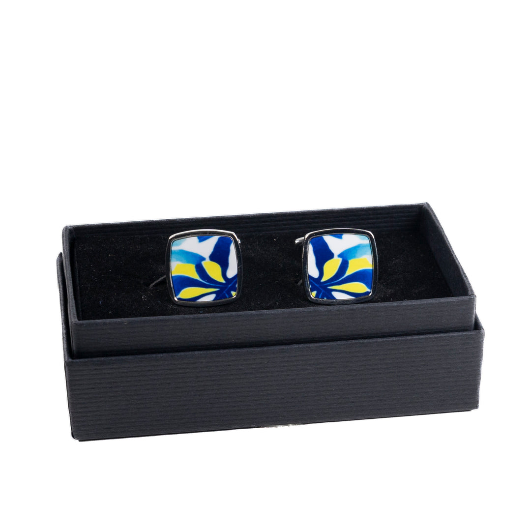 Navy Blue Yellow Modern Millefiori Inlay Cufflink Pair