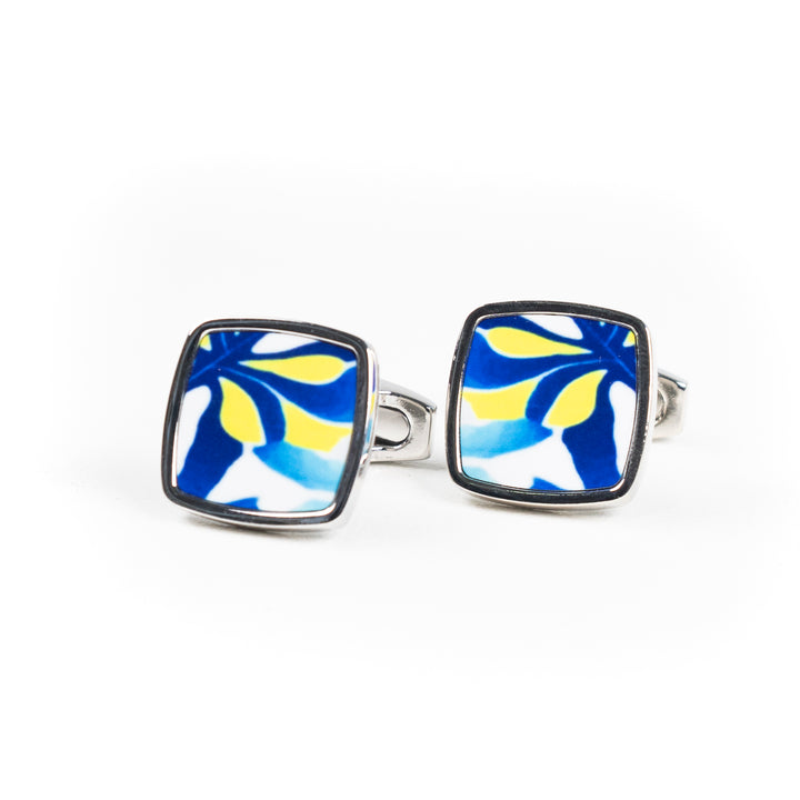 Navy Blue Yellow Modern Millefiori Inlay Cufflink Pair