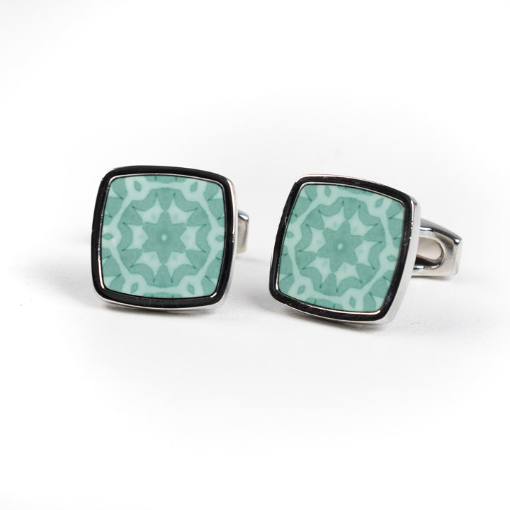 Green Stonework 2 Millefiori Inlay Cufflink Pair