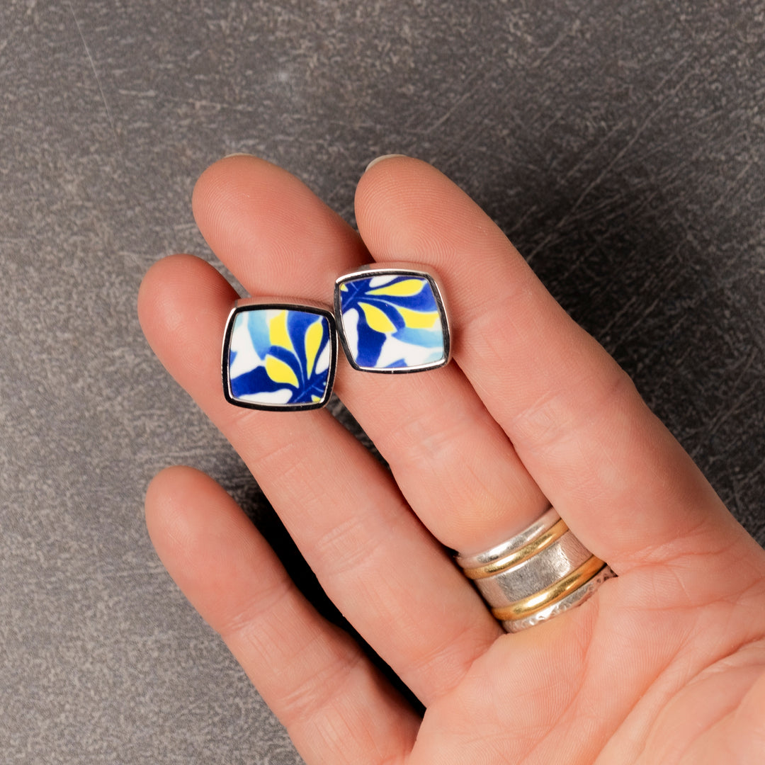 Navy Blue Yellow Modern Millefiori Inlay Cufflink Pair