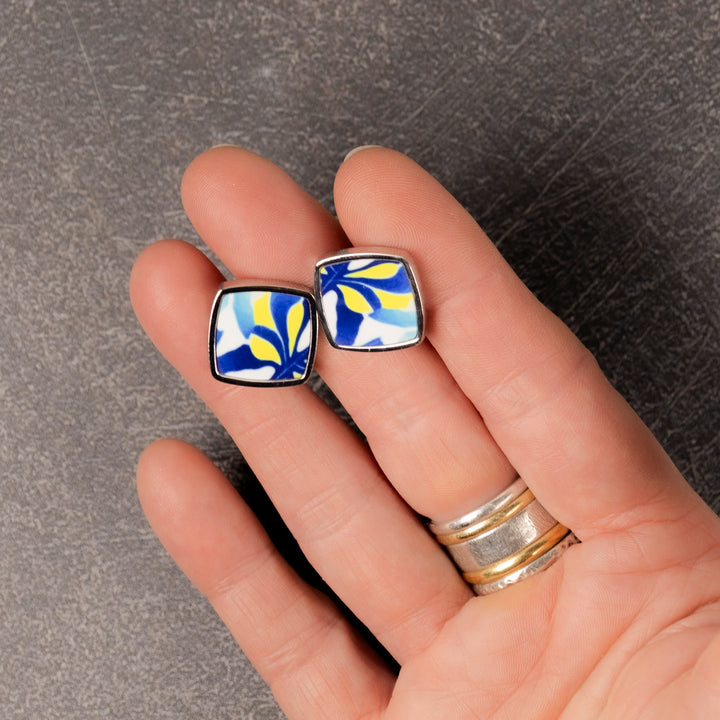 Navy Blue Yellow Modern Millefiori Inlay Cufflink Pair