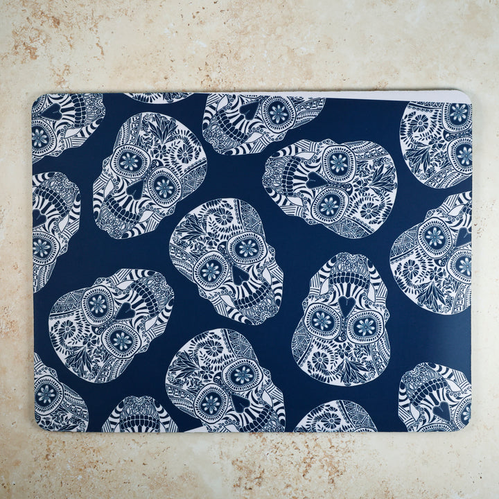 SALE SECOND  - Illustrated Skulls Pet Mat / Mouse mat - blue and white
