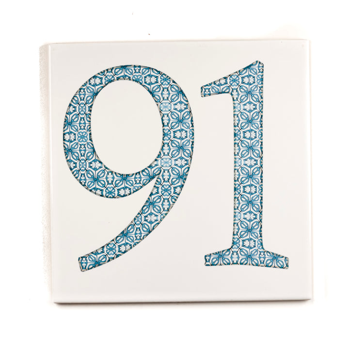 SALE SECOND - 1 x 20cm Number "91" - blue flower on white