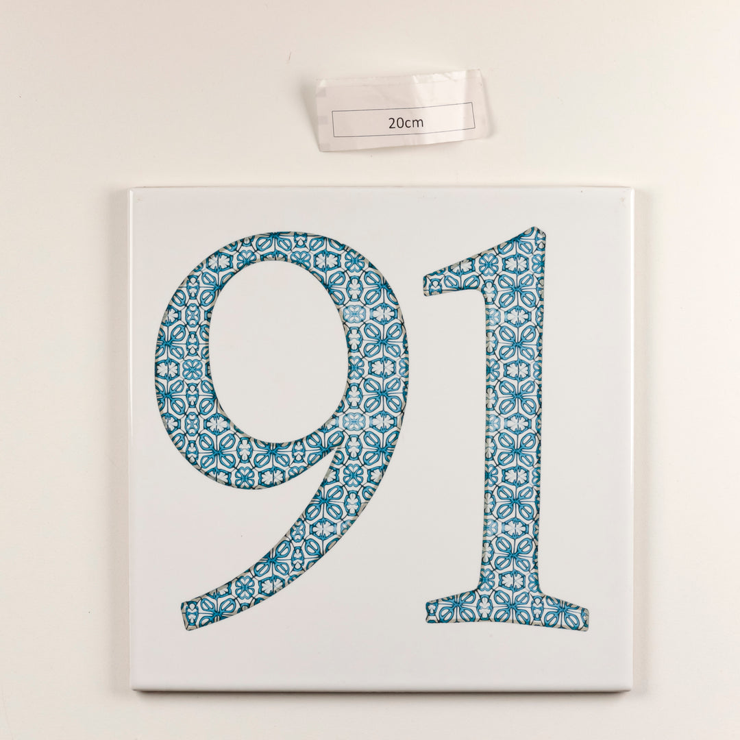 SALE SECOND - 1 x 20cm Number "91" - blue flower on white