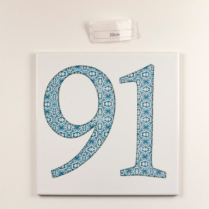 SALE SECOND - 1 x 20cm Number "91" - blue flower on white