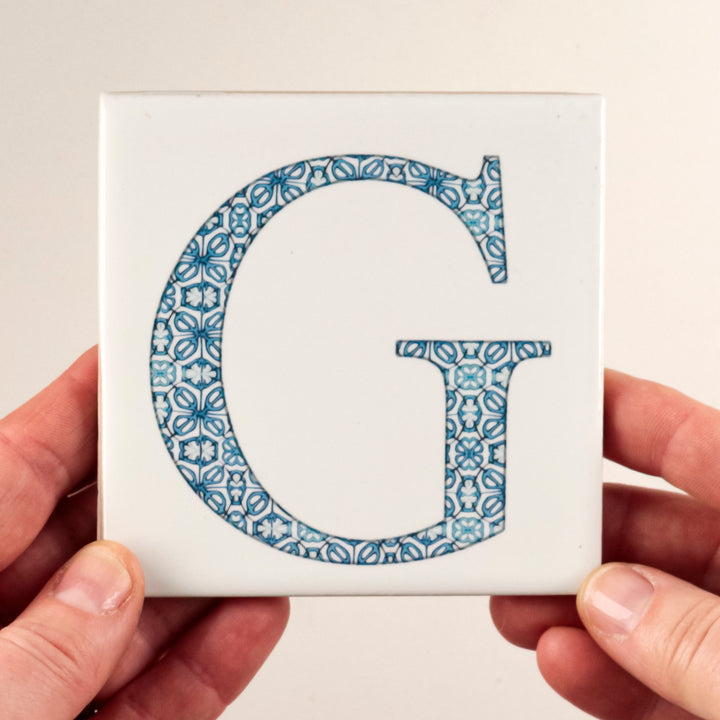 SALE -  Single Ceramic Alhambra Letter "G" on White (10.8cm) - tile coaster