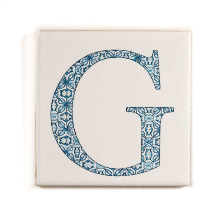 SALE -  Single Ceramic Alhambra Letter "G" on White (10.8cm) - tile coaster