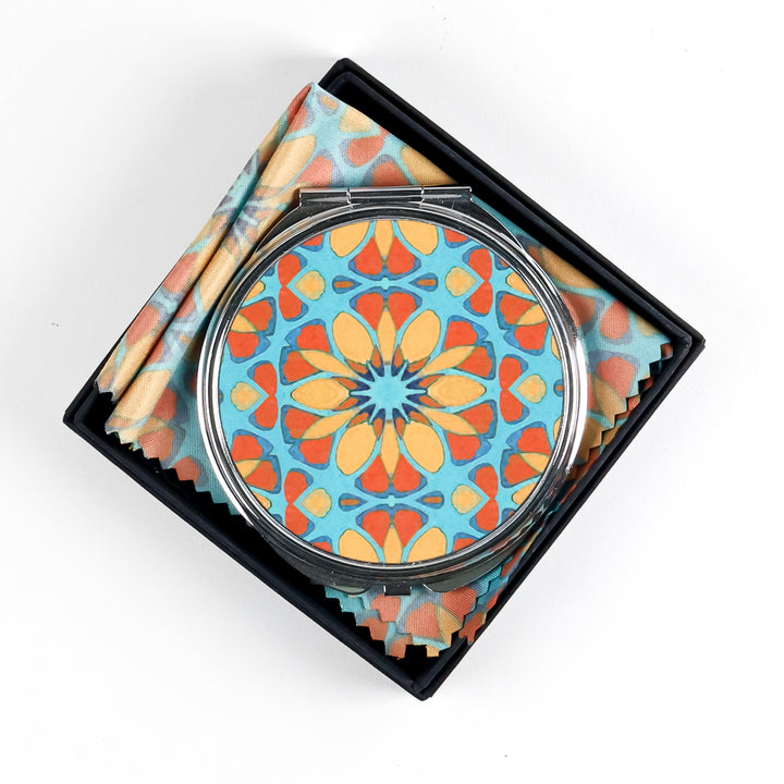 Moroccan Flower (Teal/Orange) Compact Folding Mirror
