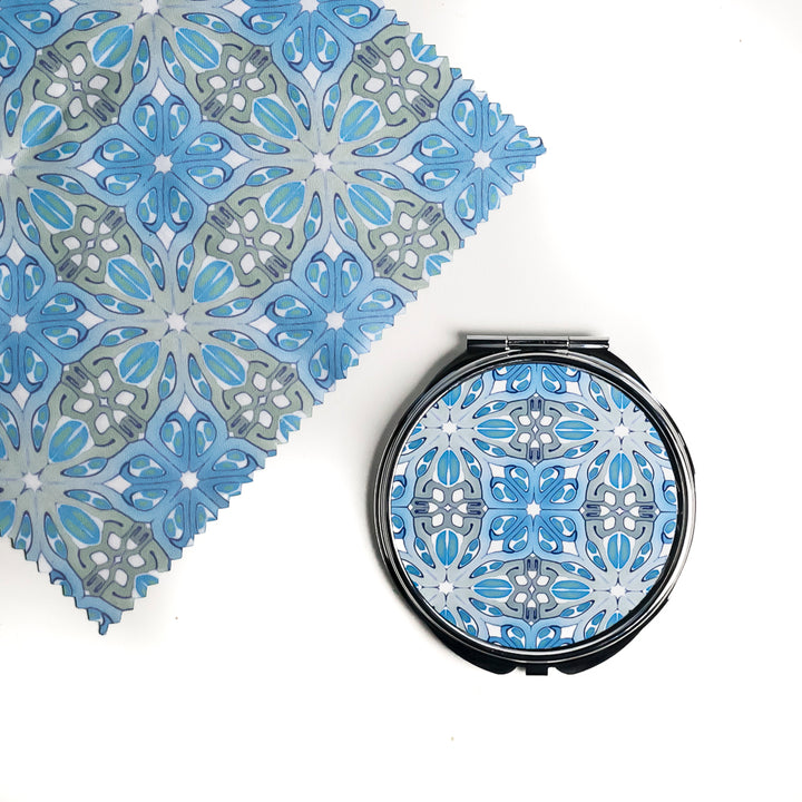 SALE - Suzanne - Blue/White/Grey Round Compact Folding Mirror