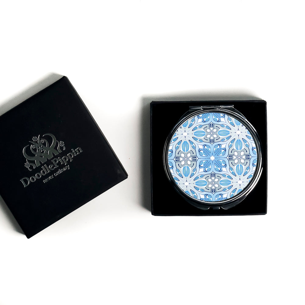 SALE - Suzanne - Blue/White/Grey Round Compact Folding Mirror