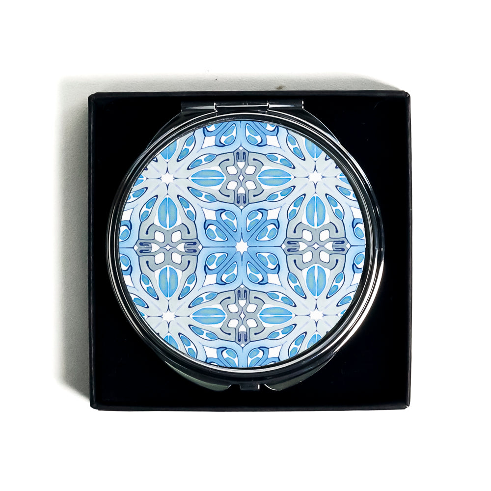 SALE - Suzanne - Blue/White/Grey Round Compact Folding Mirror