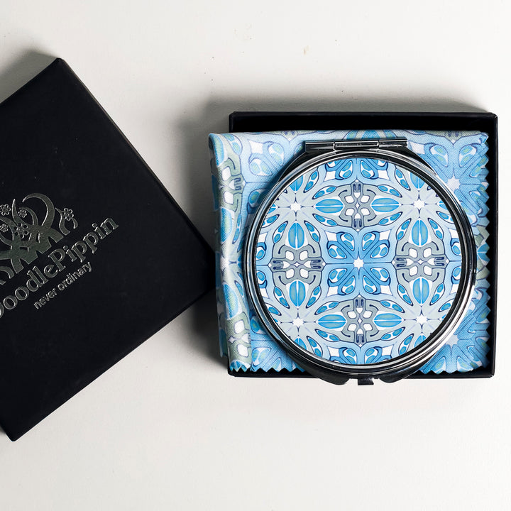 SALE - Suzanne - Blue/White/Grey Round Compact Folding Mirror